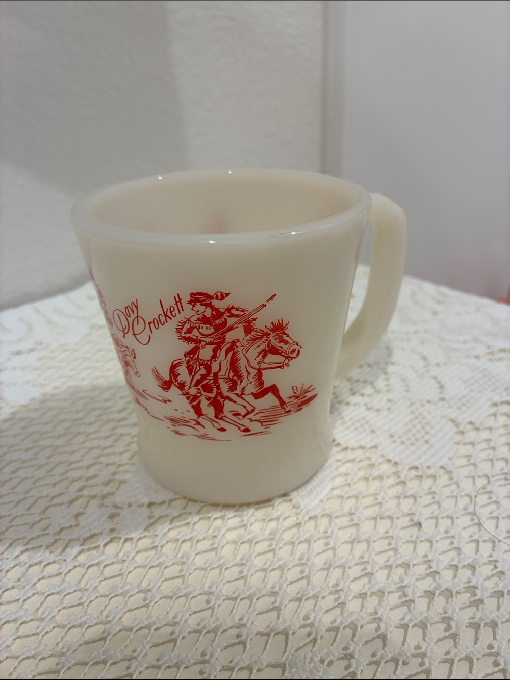 Antique 1950 Fire King Milk Glass Davy Crockett Ceramic Mug with Red Graphic